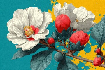 Vibrant Floral Collage with White and Red Flowers, Teal Leaves, and Yellow Accents - Modern Botanical Art