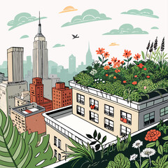 Obraz premium Create a bold, vector illustration of a rooftop cityscape at sunset, featuring sharp lines and strong contrasts. Include detailed architectural elements.