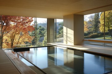 Fototapeta premium Serene Indoor Pool with Autumn View, Relaxing Spa Retreat, Modern Architecture, Tranquil Water Reflection, Natural Light