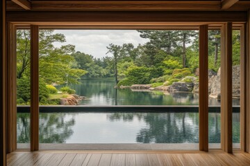 Serene Lake View from Wooden Framed Window in Japanese Garden Tranquil Waterscape Reflecting Trees and Sky