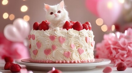 A strawberry cake with cream frosting and fresh strawberries on a plate.