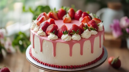 A strawberry cake with cream frosting and fresh strawberries on a plate.