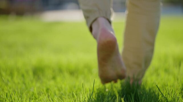 Male feet walking barefoot on verdant grass, connecting with natural environment, experiencing sensory freedom and wellness in peaceful outdoor setting