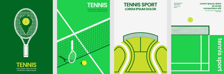 Modern tennis poster set with abstract illustrations of court, racket, and ball perfect for sports branding, clubs, or promotional materials.