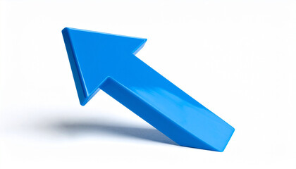 Blue glossy arrow pointing upwards isolated on white background. Direction guide.