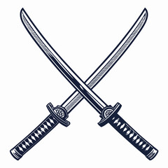 Design a bold, vector graphic of two crossed samurai swords, featuring thick, black strokes.  Ensure high detail and sharp lines.
