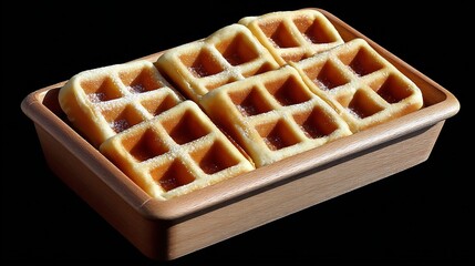 Golden Waffles in Wooden Tray with Delicious Breakfast Treat.