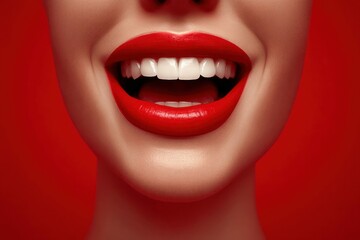 Obraz premium A close-up of a smiling mouth with bright red lipstick, revealing perfect, white teeth against a bold red background.