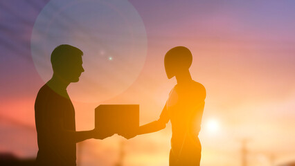 Human and Robot Collaborating at Sunset