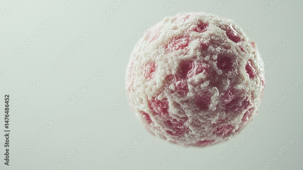 Poster an artistic rendering of a textured sphere, with a soft mix of white and pink hues in the image.