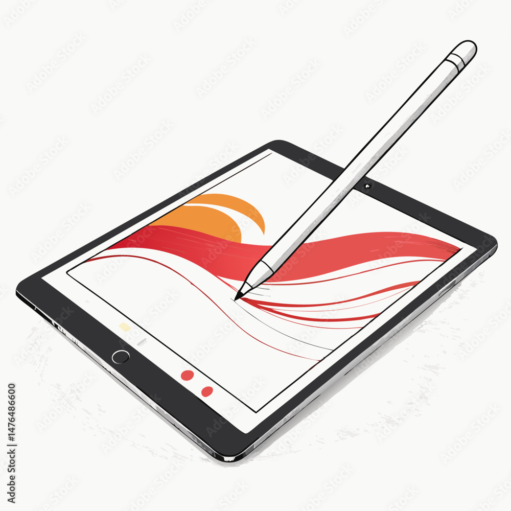 Fototapete Create a bold vector illustration of a tablet computer with a stylus, emphasizing thick outlines and clean lines.