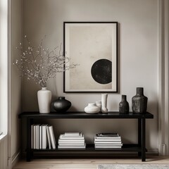 Abstract Beige and Black Artwork on Console Table with Decorative Vases