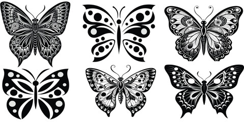 Fototapeta premium Black Tribal Butterfly Tattoo Set Design – Vector Silhouette Art
