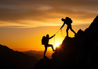 Obraz premium Climbers Supporting Each Other in the Golden Glow of a Sunset