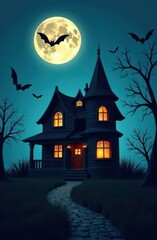 Haunted house under full moon with flying bats in vertical orientation