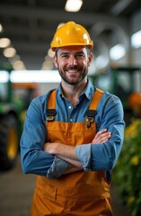 Engineer smiling with crossed arms in factory during christmas time
