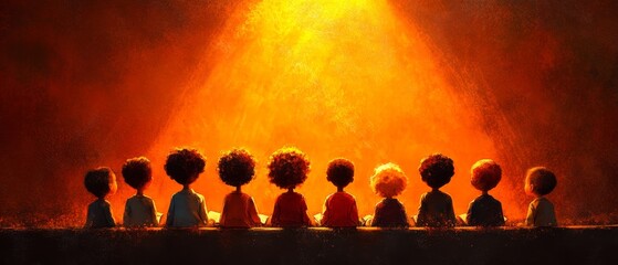 Nine African children sit in a row, illuminated by a warm, orange light, their backs to the viewer