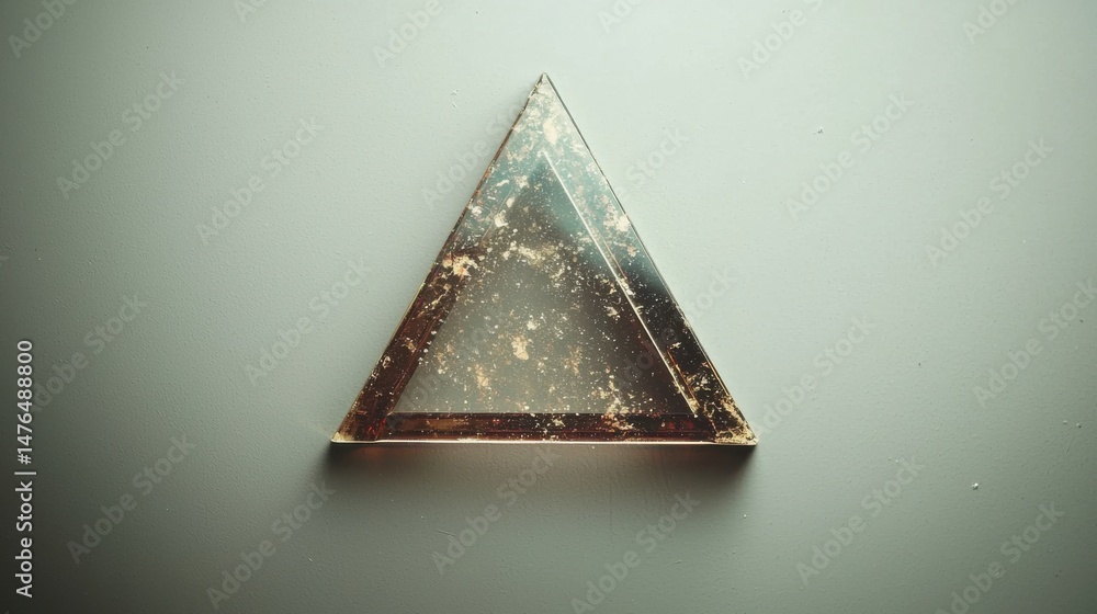 Poster a clear triangle with brown edges and a textured surface is featured on a gray background.