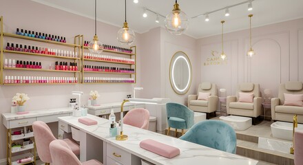 Luxury nail salon with blush pink and baby blue decor.