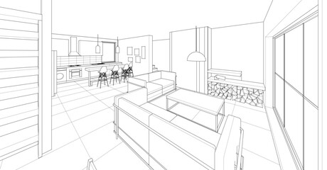 Fototapeta premium interior kitchen living room 3d illustration 