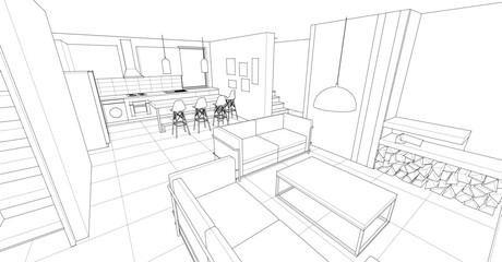 interior kitchen living room 3d illustration	

