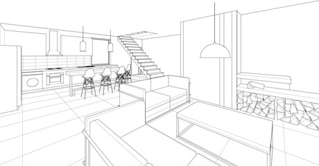 interior kitchen living room 3d illustration	
