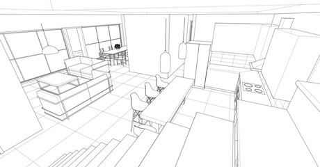 interior kitchen living room 3d illustration	
