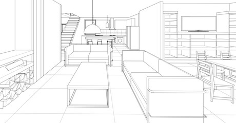 interior kitchen living room 3d illustration	
