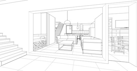 interior kitchen living room 3d illustration	
