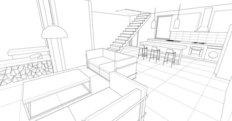 Fototapeta premium interior kitchen living room 3d illustration 