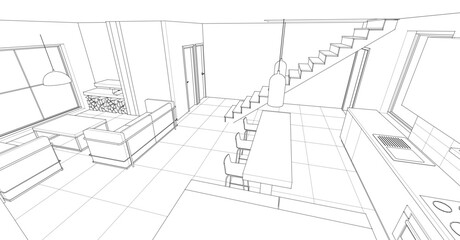 interior kitchen living room 3d illustration	
