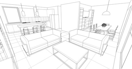 interior kitchen living room 3d illustration	
