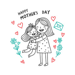 Happy Mother's Day vector illustration with smiling mom and daughter hugging, surrounded by red hearts, flowers, and love letter in cute hand-drawn doodle style

