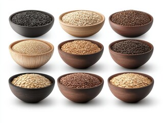 Assorted grains in bowls display overhead studio shot of black sesame seeds quinoa buckwheat oats flaxseed amaranth in wooden bowls on white