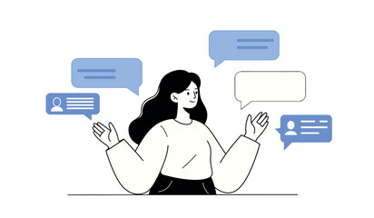 Social media engagement concept with illustrative woman and chat bubbles for communication design
