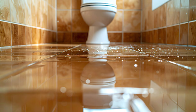 A bathroom floor covered in water reflects a toilet, emphasizing a potential plumbing issue or leak in a domestic setting