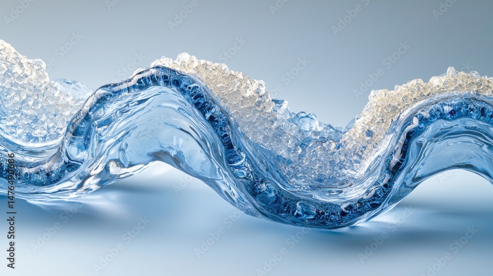 Poster captivating view of a dynamic water wave with crystalline texture against a light blue backdrop.