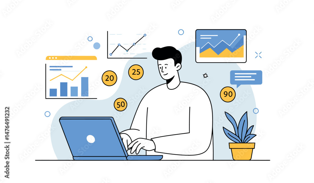 Aufkleber data analysis and business growth concept with man using laptop and analytics charts for digital mar