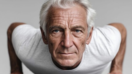 An older man in a white t-shirt is looking directly at the camera with intensity, focus on his face.