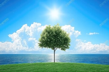 Solitary tree on a grassy knoll overlooking the ocean under a vibrant blue sky