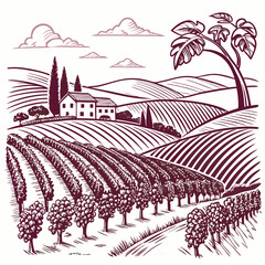 Fototapeta premium Create a bold vector illustration of a sun-drenched vineyard scene with rolling hills, grapevines, and a rustic farmhouse. Include thick outlines for a striking effect.