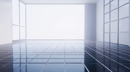 Obraz premium Empty modern interior with large windows and tiled floor.