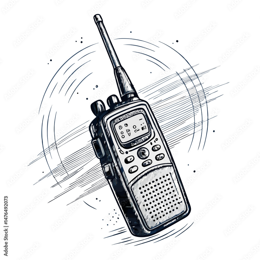 Poster create a bold, vector illustration of a walkie-talkie, emphasizing strong outlines and sharp lines. 