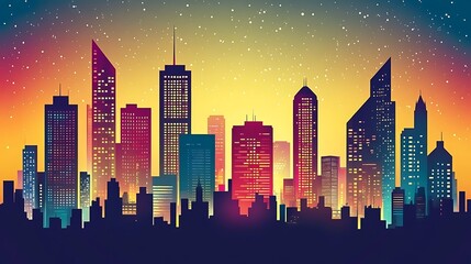 Naklejka premium Cityscape Night Skyline with Colorful Buildings.