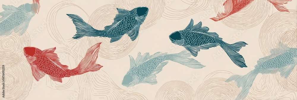 Poster vibrant japanese-style fish print pattern featuring aquatic motifs on a light background with a clea