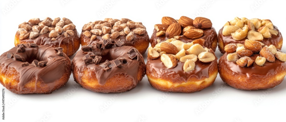 Poster assorted donuts with chocolate glaze and nut toppings displayed in a row on white background studio 