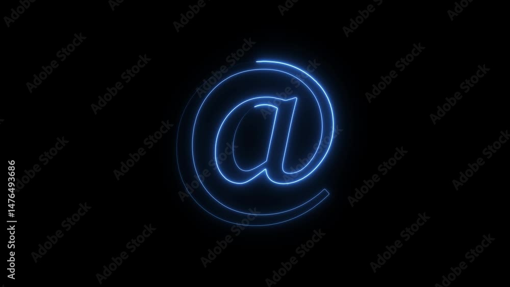 Poster animated neon at symbol displayed against a black background for communication