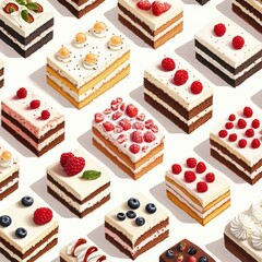 Assorted Cakes with Berries and Cream on White Background