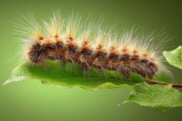 Fototapeta premium Top view of a moth caterpillar resting on a green leaf, showcasing fuzzy bristles and natural coloration. Suitable for ecological and biological illustrations.