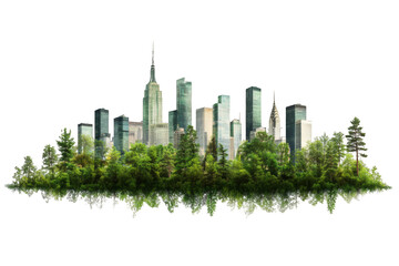 A city skyline is floating above a lush green forest